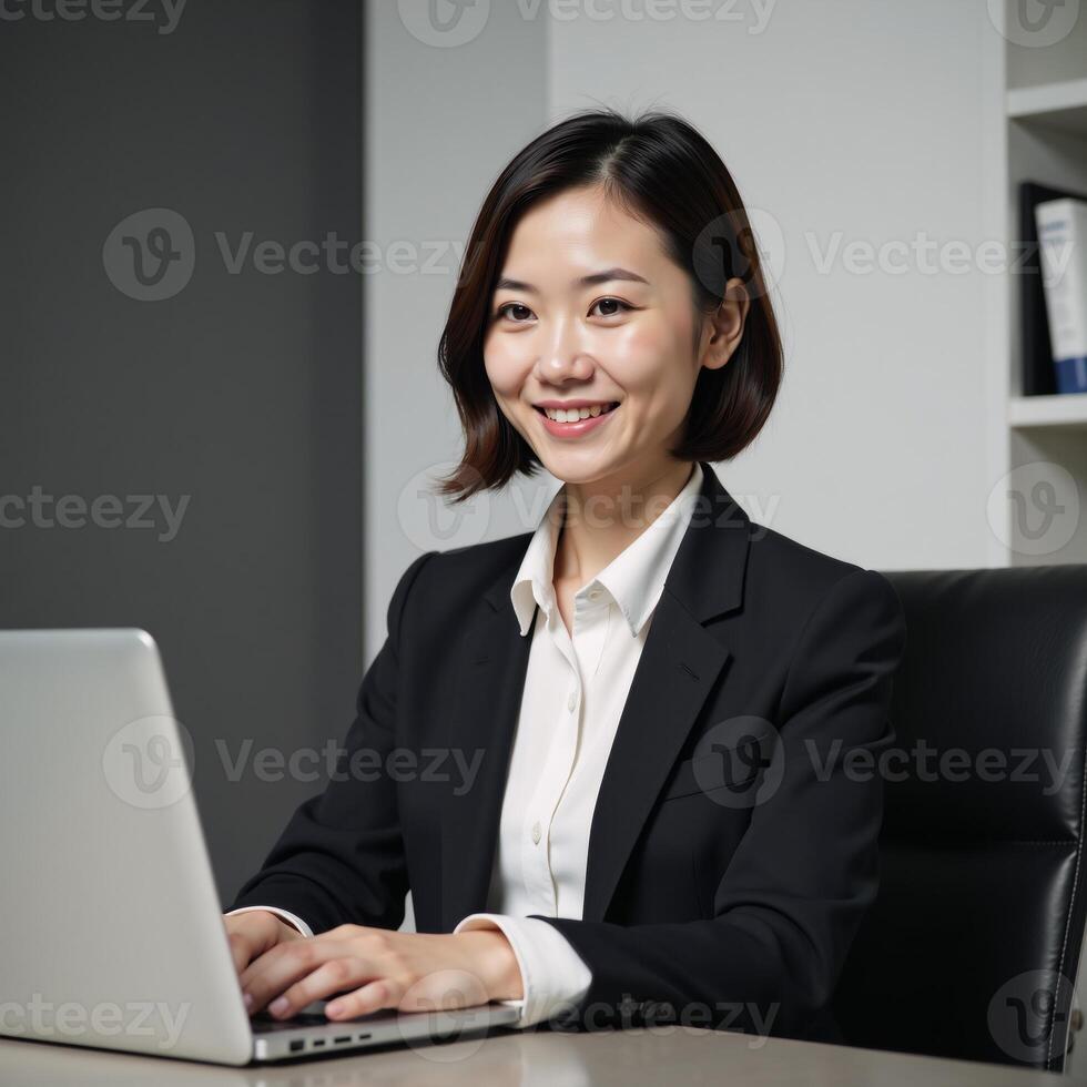 Asian woman with short hair and office suit poses while holding laptop photo