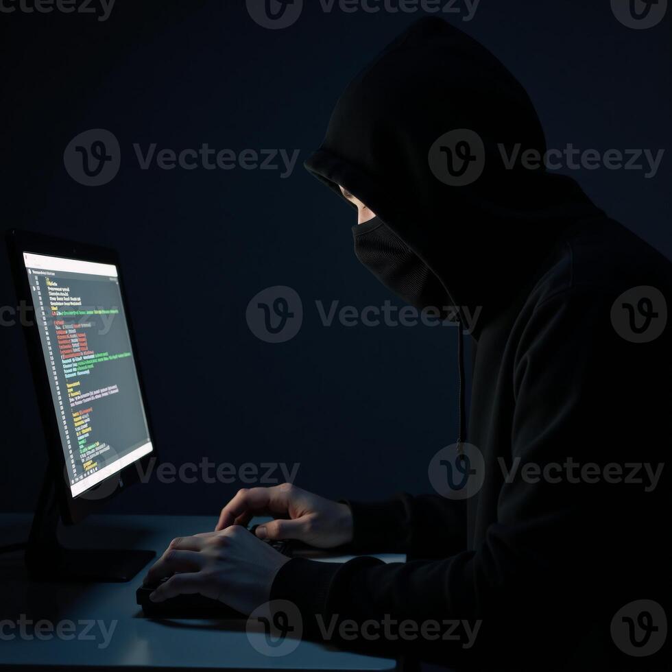 Dark Web Marketplace depicts hooded hacker engaging in Bitcoin transaction signifying secret realm of digital currency cybercrime photo
