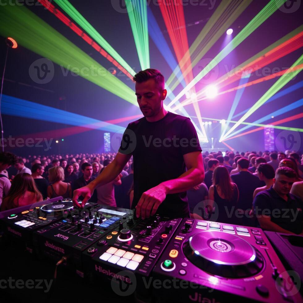 Vibrant rave party setup with DJ gear and flashing lights photo