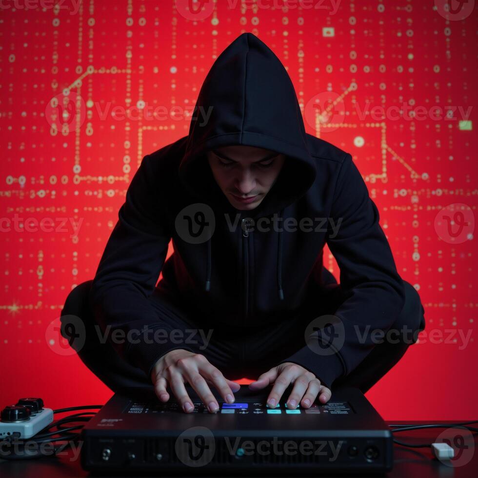 Digital illustration Hacker atop hood against glowing neonred background symbolizing cyber threat and security concern photo