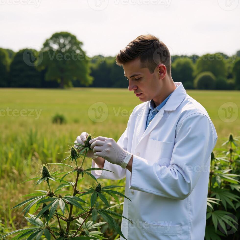 Scientist examines cannabis plant in field Lab Coat photo