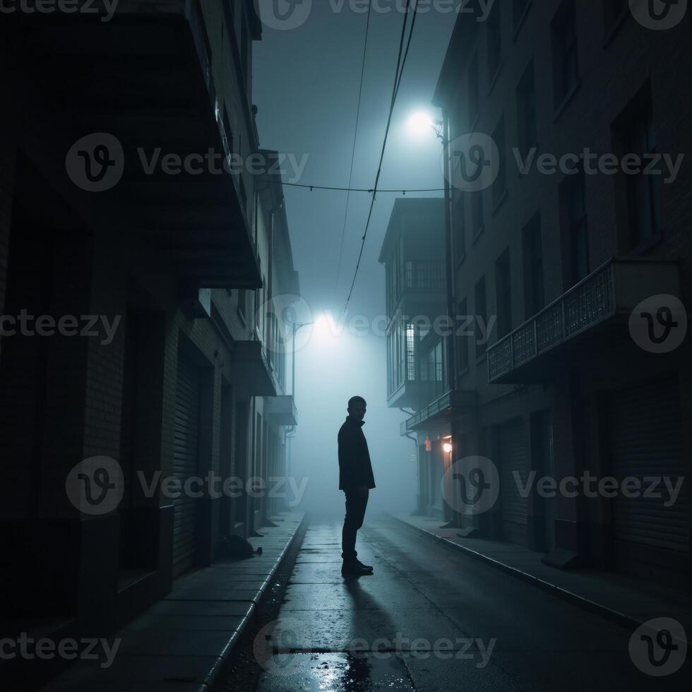 A mysterious figure emerges from a hauntingly beautiful neuralnetwork generated foggy cityscape scene in a misty alleyway during the dead of night photo