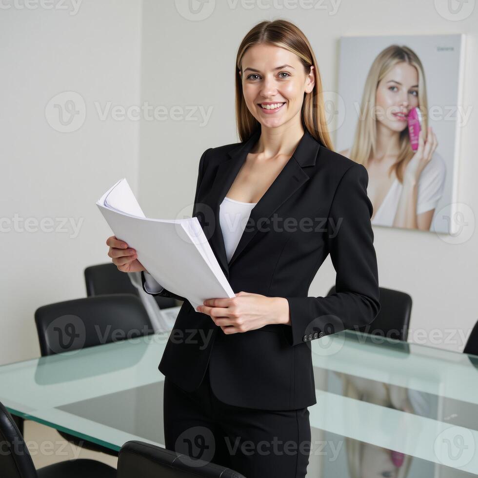 Confident White Businesswoman undergoing internship leadership at Corporation during Conference while advertising Hair Shampoo and Conditioner photo
