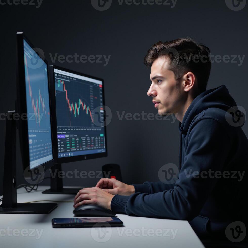 A hooded hacker performs stock analysis at his computer with market data displayed on a nearby phone photo