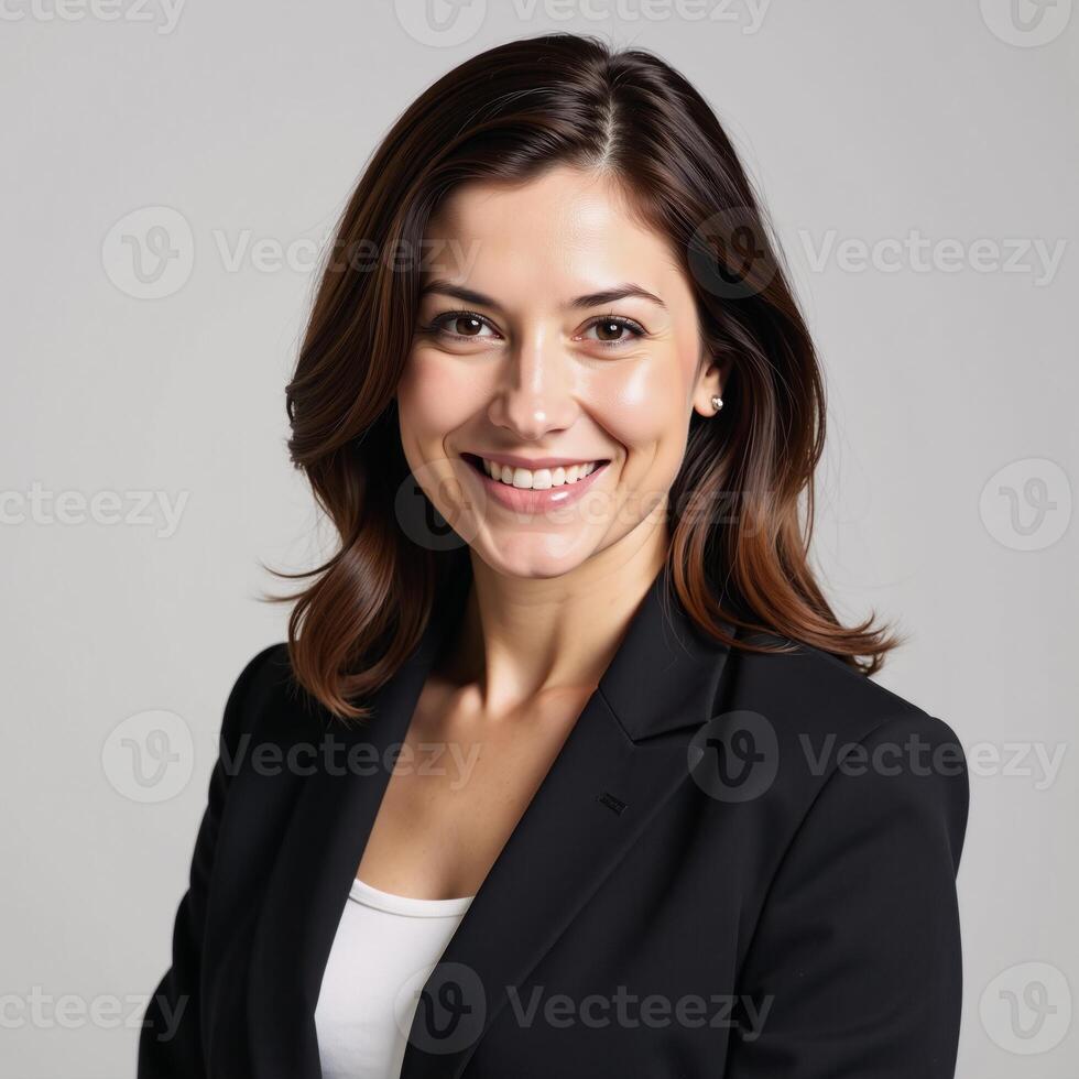 A professional businesswoman exudes confidence with subtle makeup and stylishly wavy locks photo