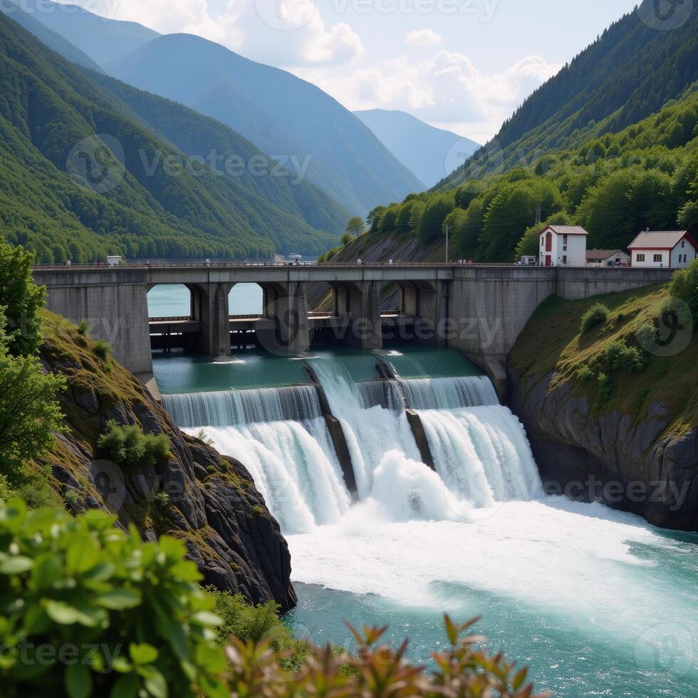Serene illustration of a hydroelectric dam on a flowing river photo
