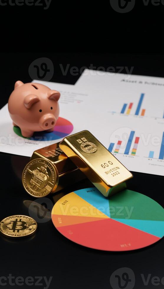 Asset allocation concept shown as an illustration with gold bars bitcoin symbols stock charts and piggy banks placed on a multicolored pie chart against a sleek black backdrop to convey the idea of photo