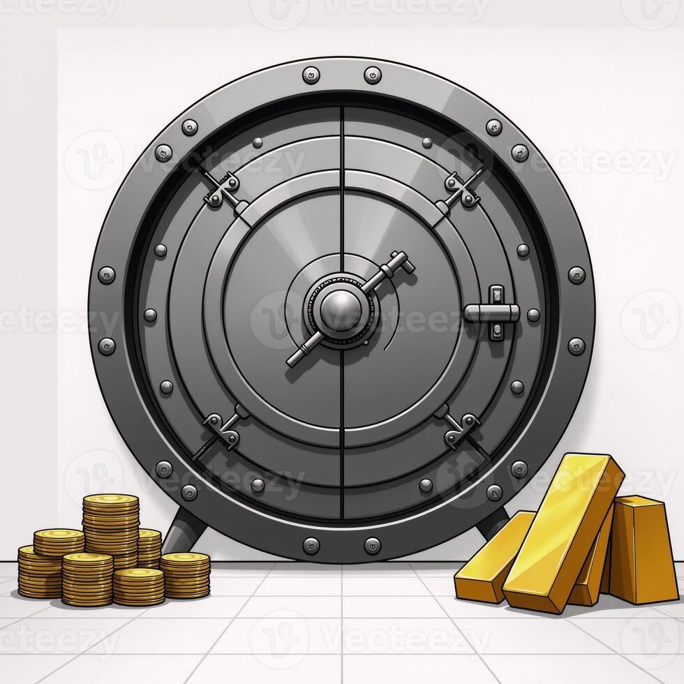 A modern cartoonstyle vault room with a round metal safe and golden bullion details photo