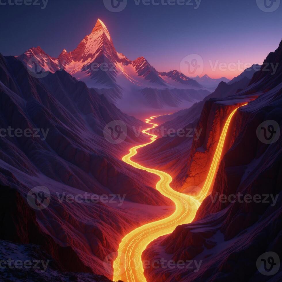 Digital abstraction featuring glowing mountain ranges and streaming light lava rivers photo