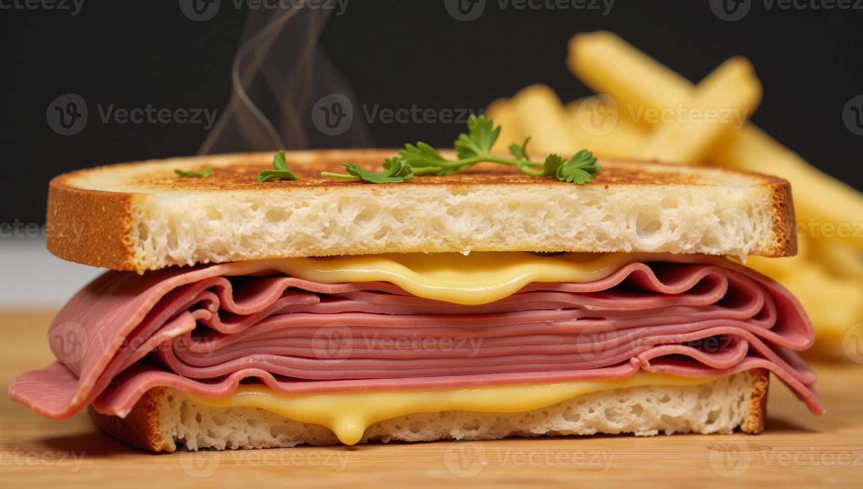 Corned Beef Cheese Sandwich on Toast with Parsley Garnish Layered Melty Herby photo