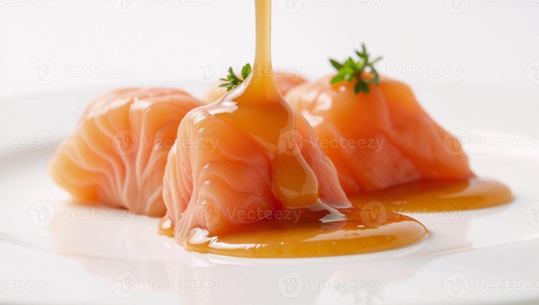Rich and Appetizing Sauce Oozes Over Salmon Roe Against White Background photo
