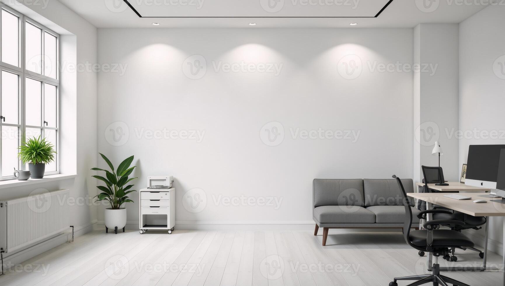 Modern office setting featuring an empty white wall for mockup purposes Rendering photo