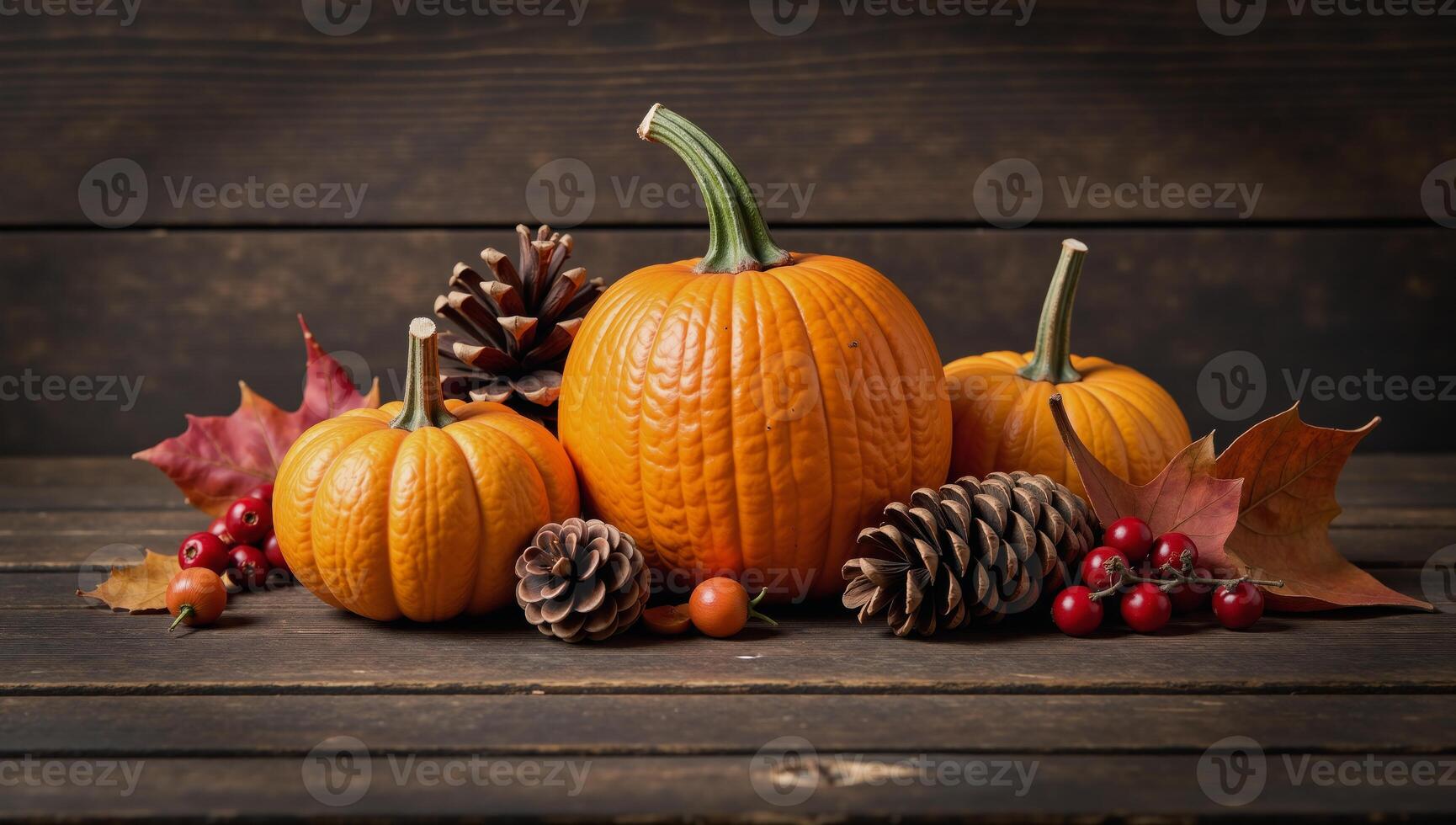 Rustic Fall scene featuring pumpkins leaves pine cones and berries on weathered wooden table for a cozy seasonal ambiance photo