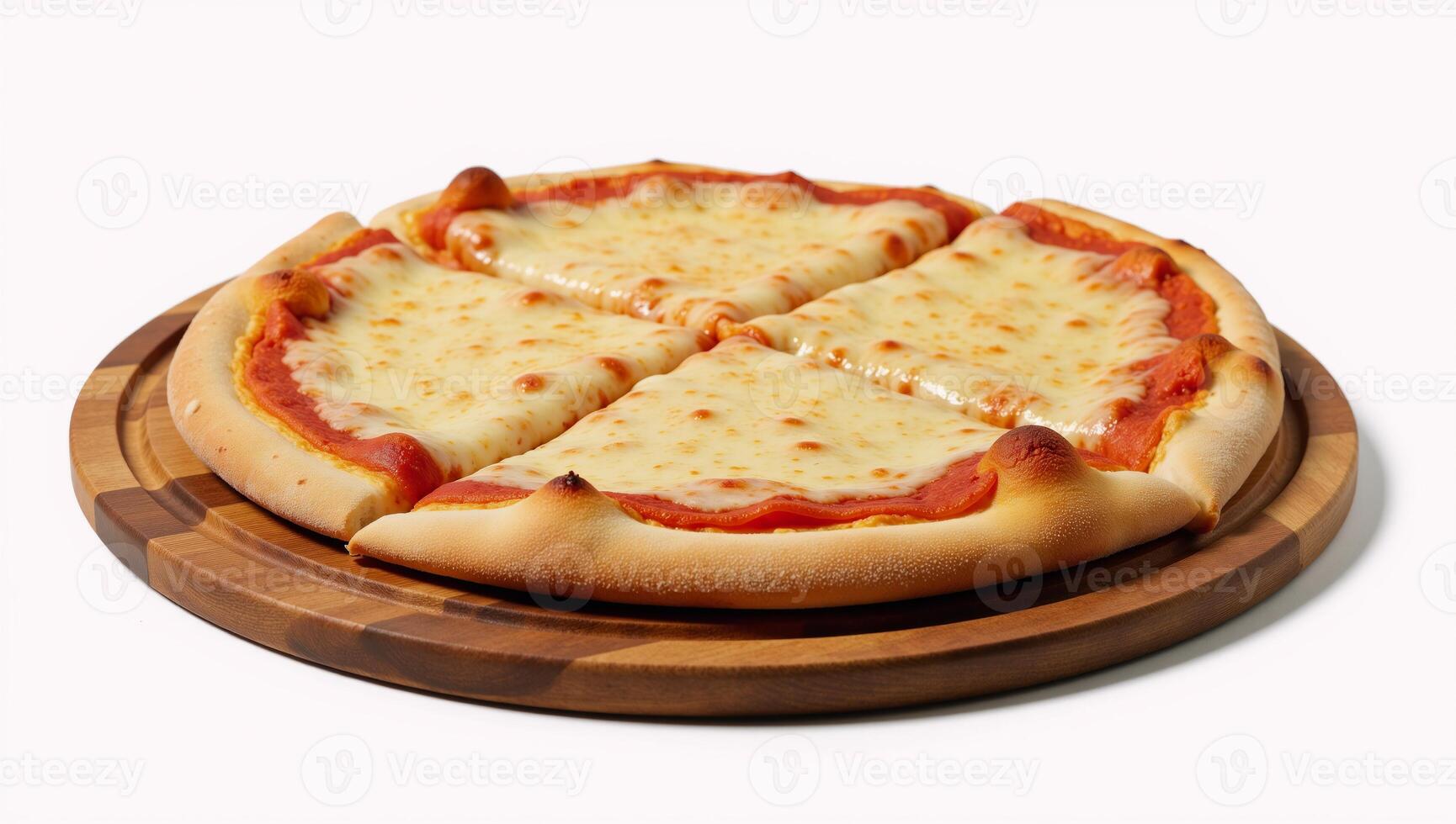 Woodentrayed Quattro Formaggio pizza isolated against clean white backdrop Rustic Cheesy photo