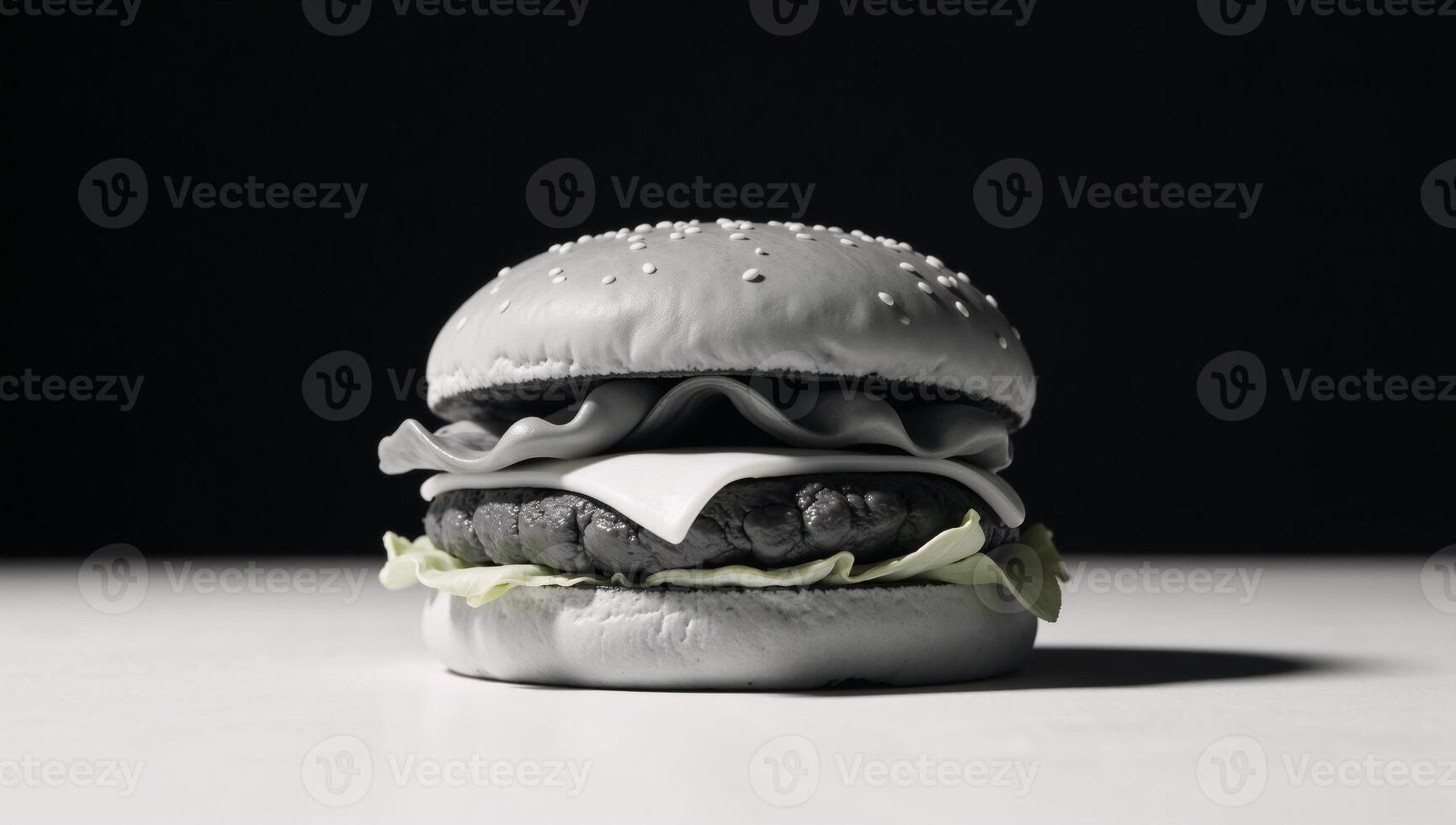 Minimalist blackandwhite art depicting a layered hamburger with sesame seed bun lettuce and cheese photo