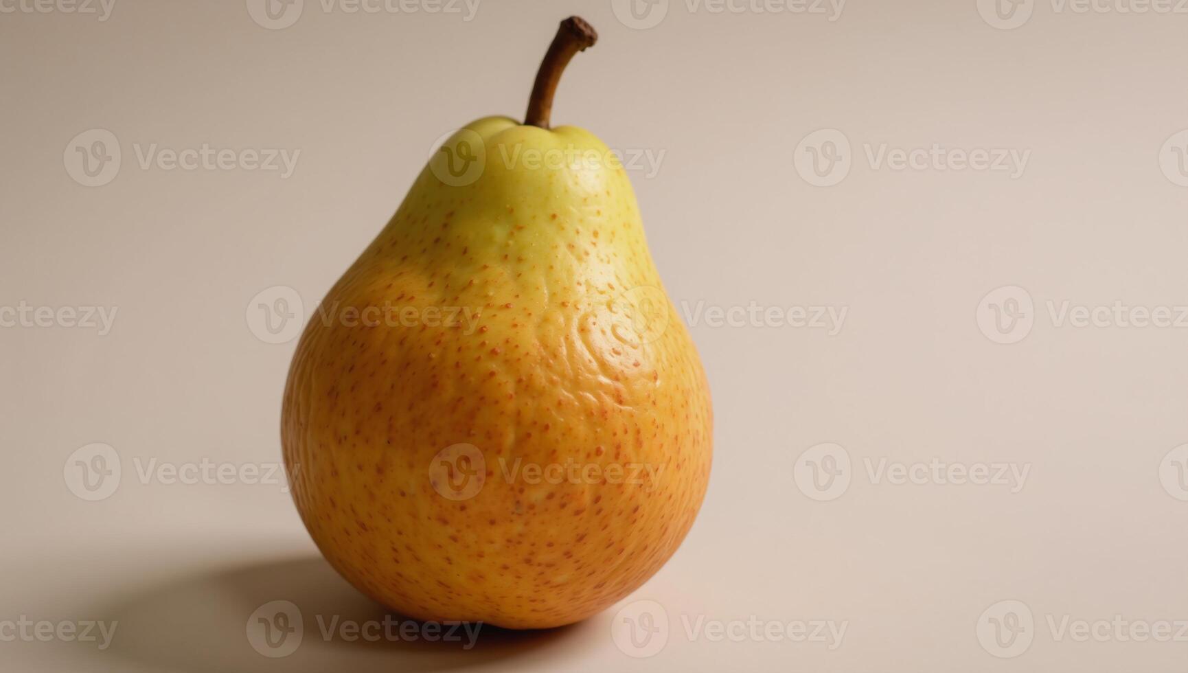 A playful depiction of a friendlylooking colorfully patterned panda munching on juicy ripe pear photo