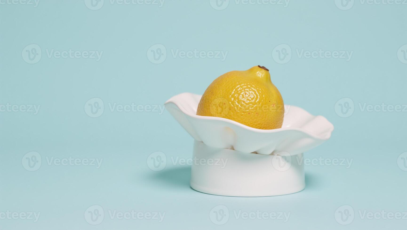 A lemon wearing a chef hat against a soft pastel blue backdrop photo