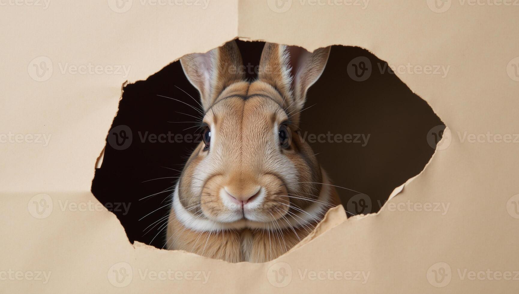 A curious rabbit is depicted peering through torn paper photo