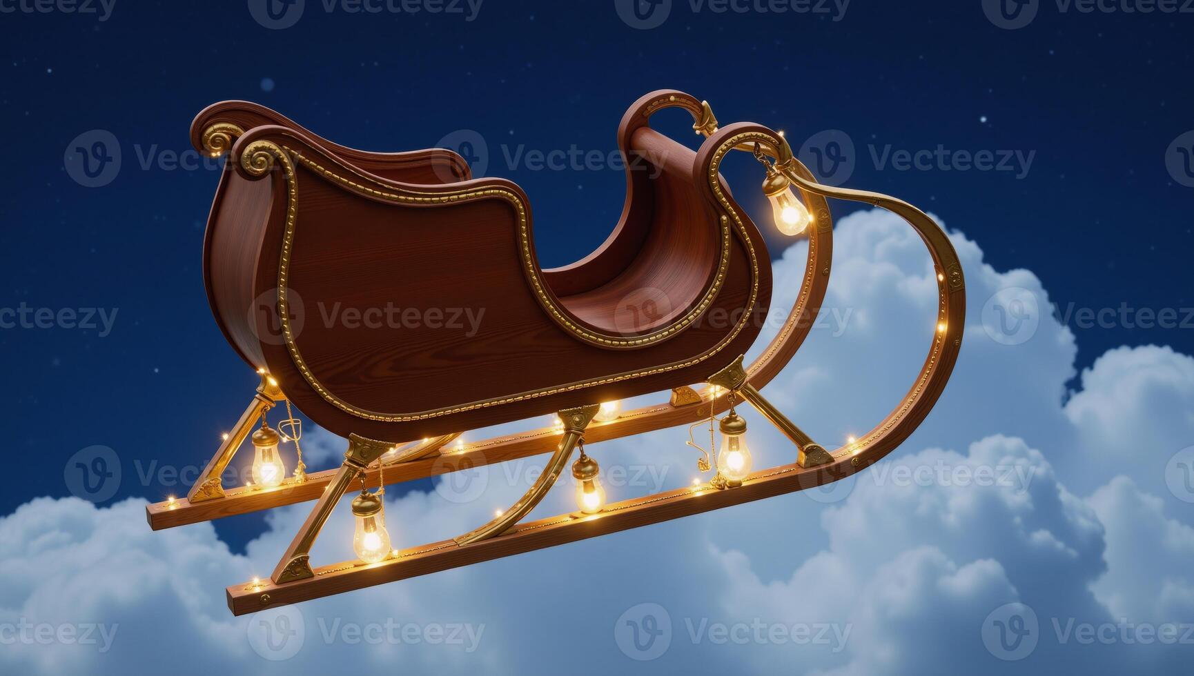 Majestic sleigh adorned with gold and lantern lights flies over starfilled blue sky dotted with fluffy clouds photo
