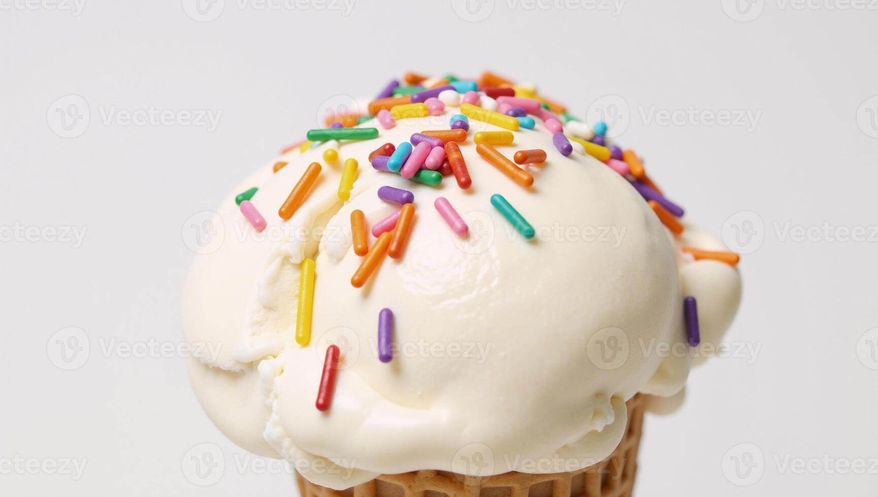 A colorful ice cream cone with swirls of vanilla and vibrant sprinkles adorning its peak photo