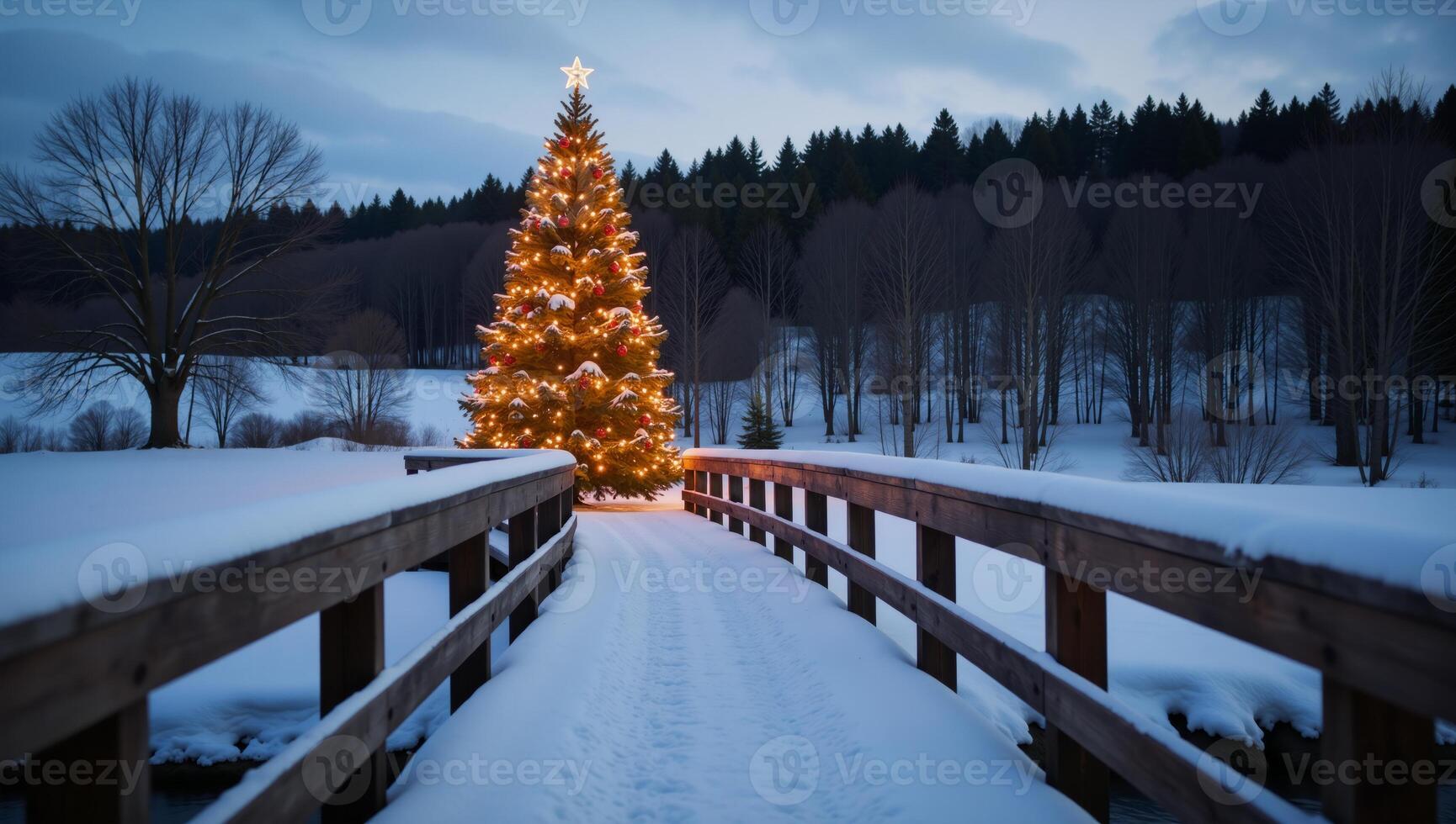 A snowy bridge leads to a twinkling Christmas tree in a wintry landscape photo