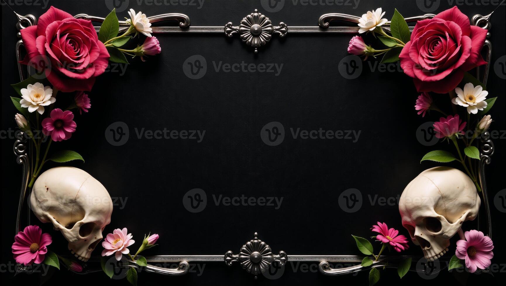A Gothic banner displaying skulls blooming flowers Blacksilver theme widescale design with ample copiespace photo