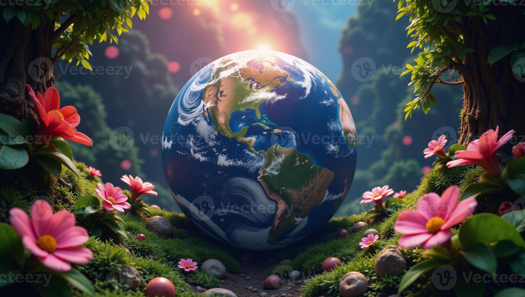 Vibrant glowing Earth with lush flora and fauna exuding a psychedelic vibe photo