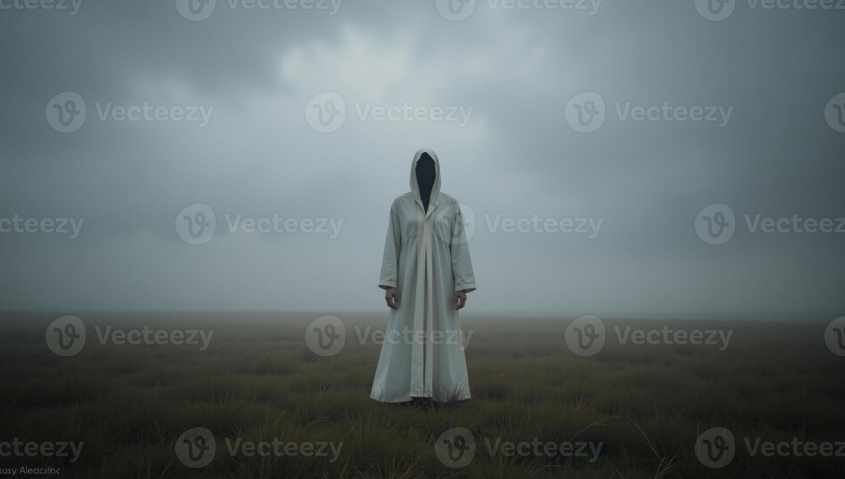 Ghostly figure standing in foggy field photo