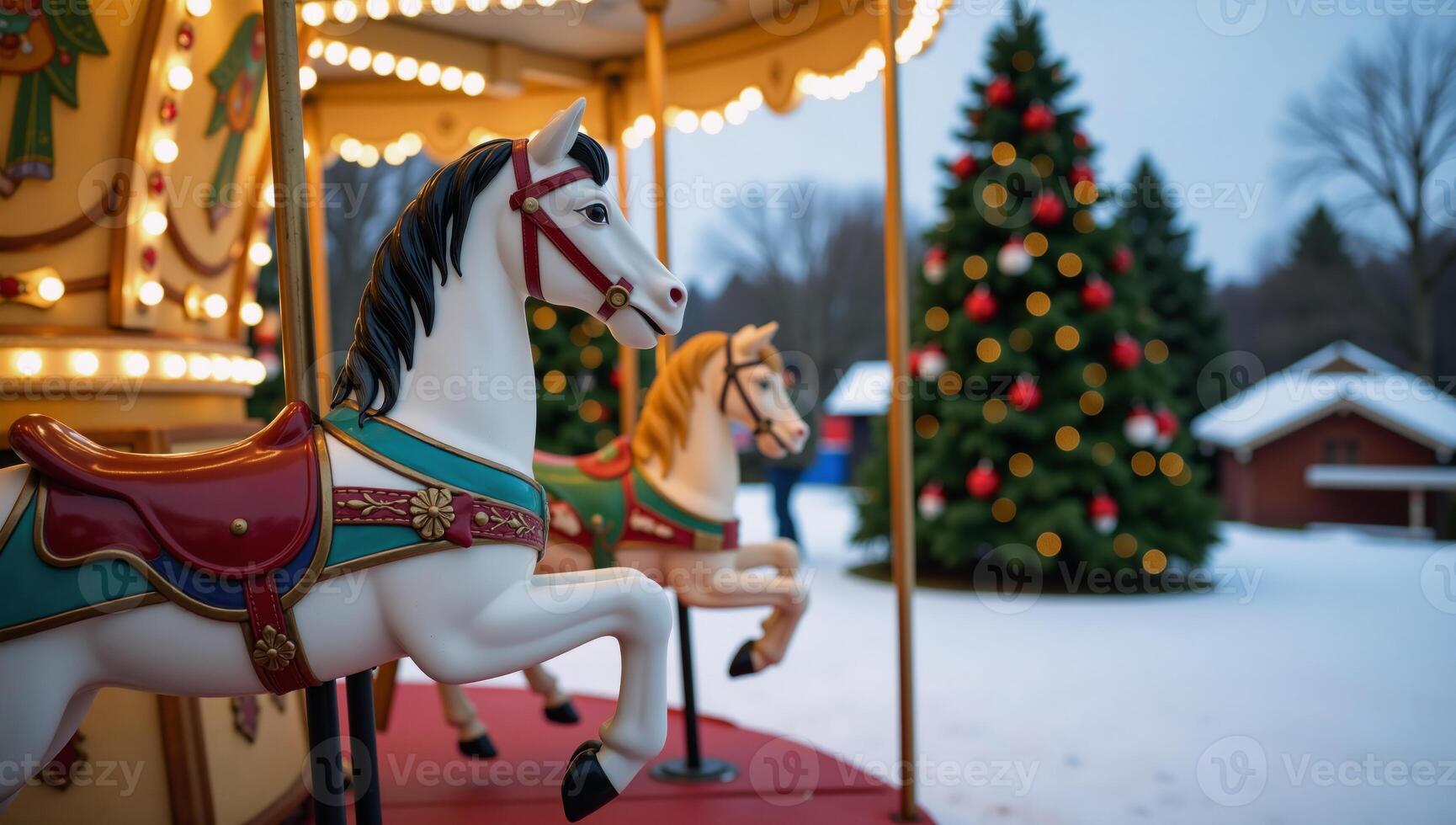 Winter carousel with horsed against backdrop of snowy park filled with towering Christmas trees photo