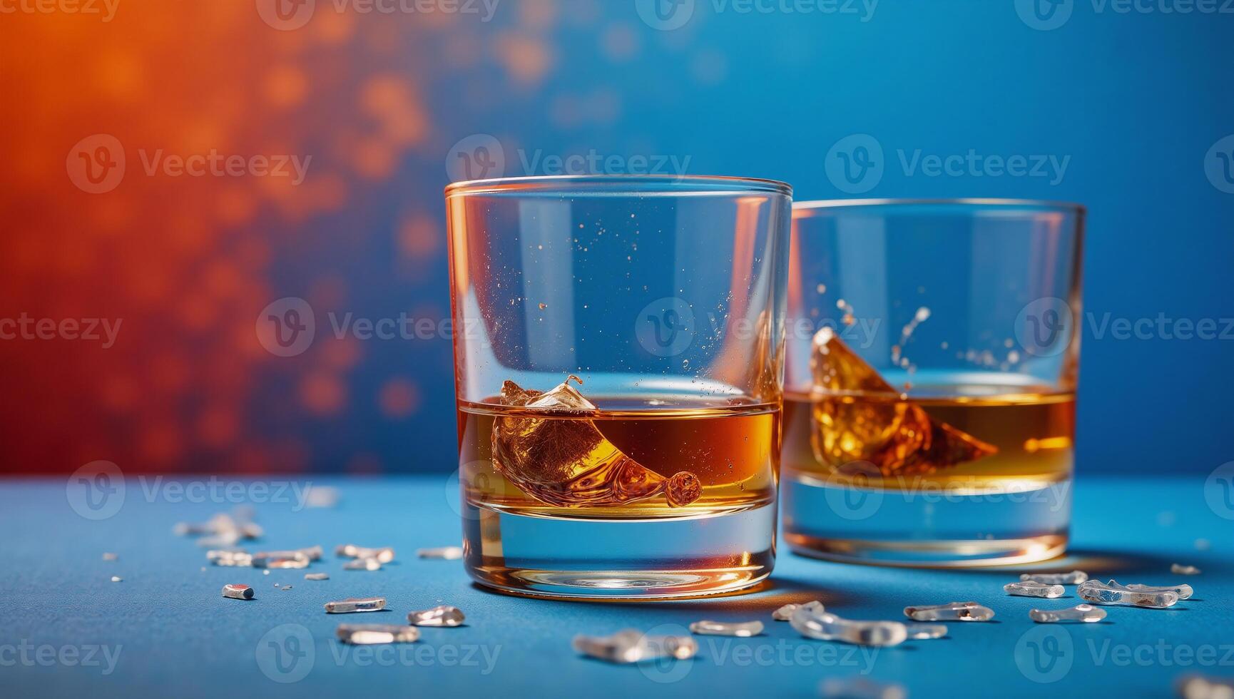 Celebrate National Hangover Day or Dry January with an abstract image featuring alcoholic beverages glasses set against a vibrant background in blueorangered color scheme photo