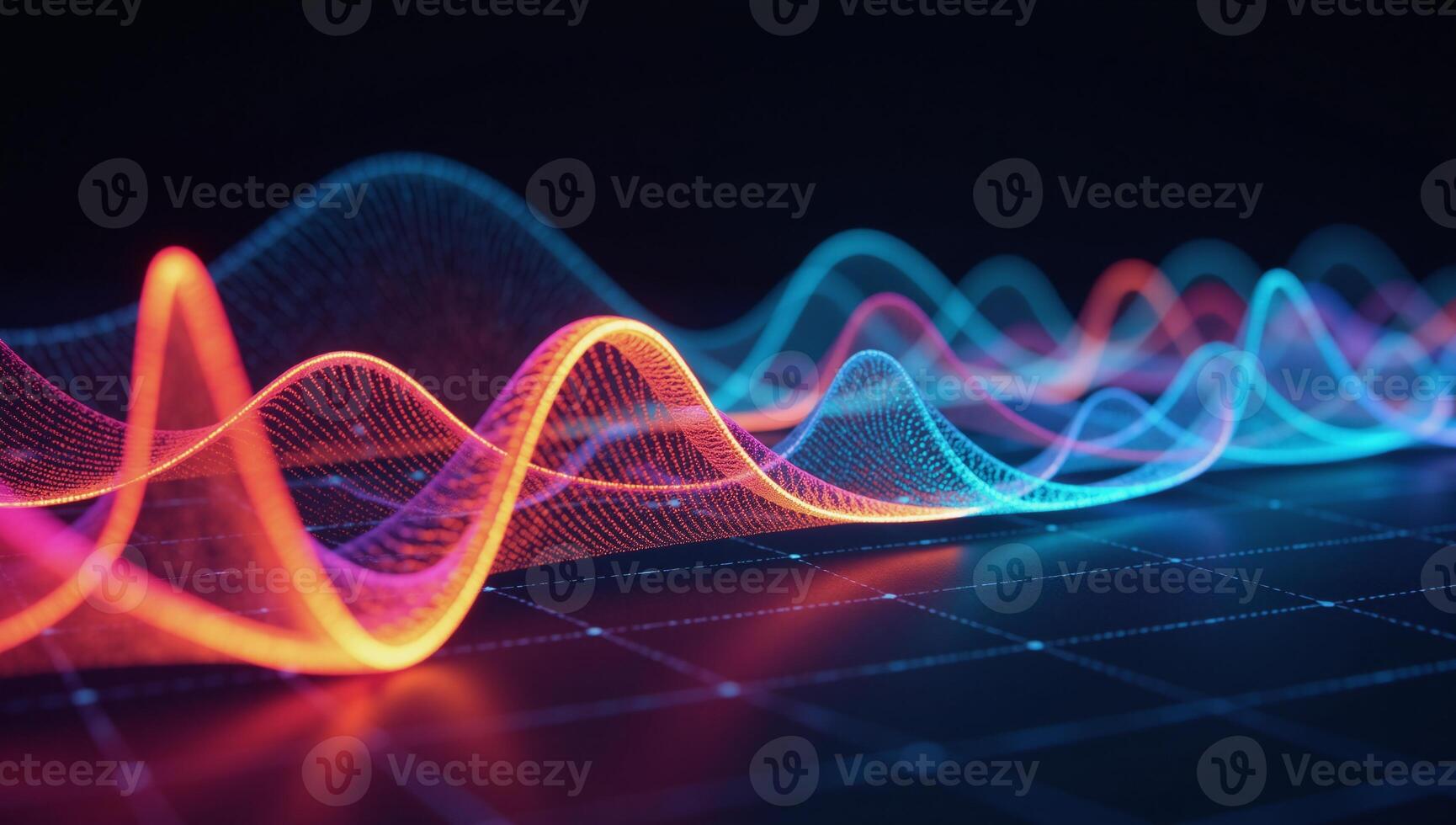 Vivid graphical portrayal of vibrant soundwaves against a dark backdrop featuring digital gloweffects that represent musicality and tech photo