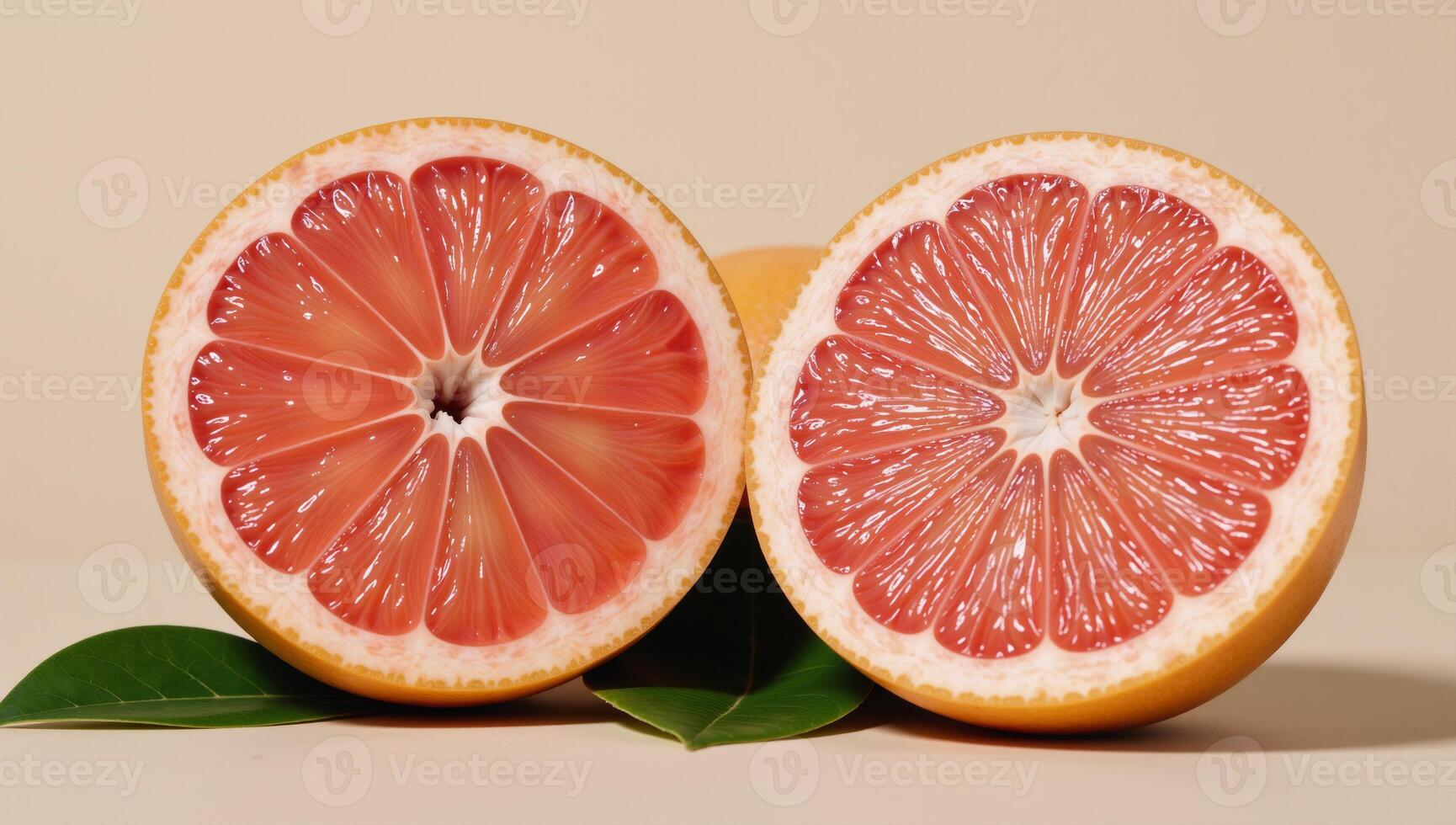 Pinkfleshed halves of grapefruit on a plate with green leafy garnish photo
