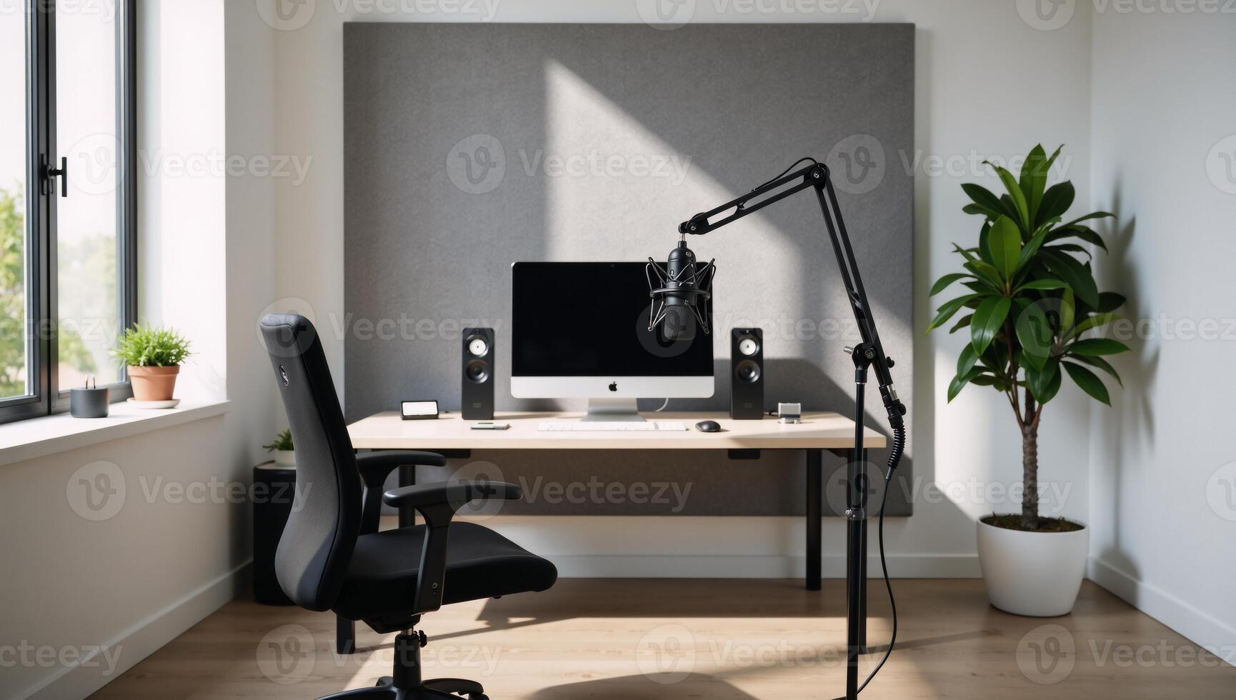 Modern creative workspace equipped with prograde microphone and advanced PC ideal for podcasting streaming and content creation photo