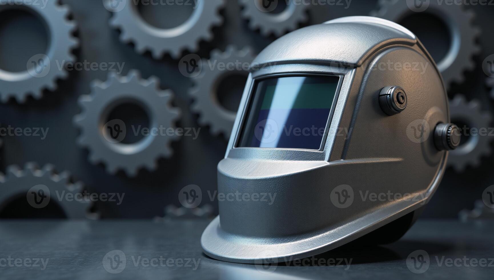 A captivating 3D render showcases a welding helmet amidst gears signifying industrial innovation in metalwork photo