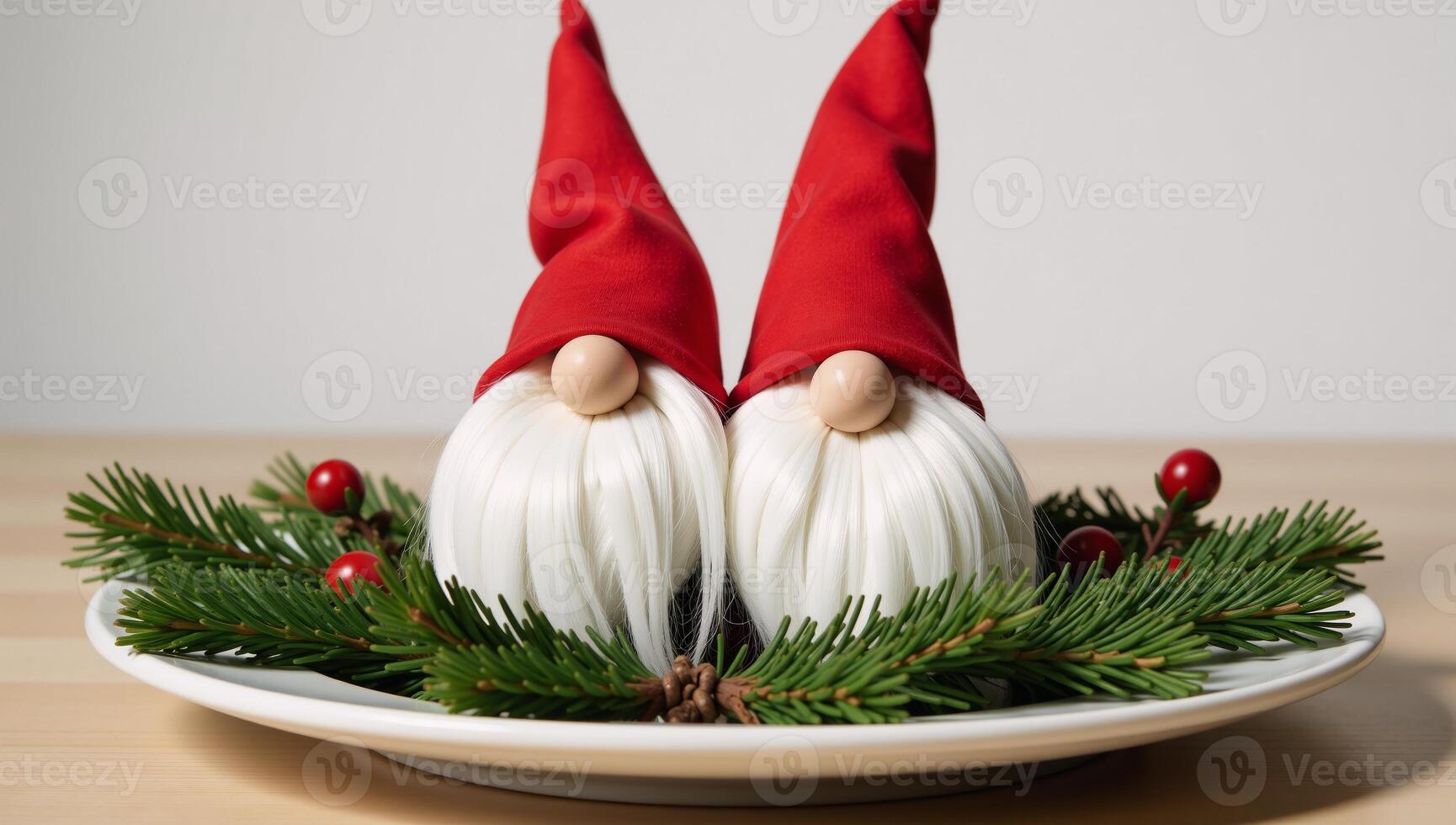 Festive Thanksgiving table features two Christmasthemed gnome figurines wearing red hats surrounded by pine and holly decorations photo