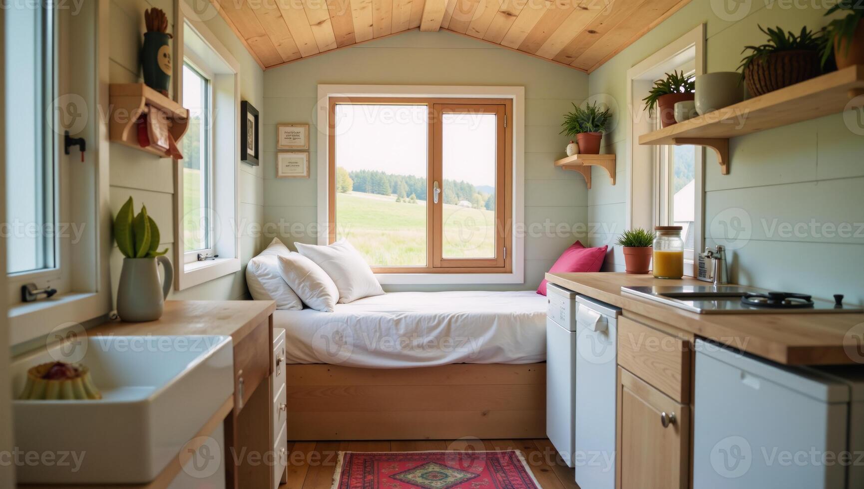 Cozy compact tiny house floor plan including essential amenities and sleeping area featuring a large windows to let natural light inside photo