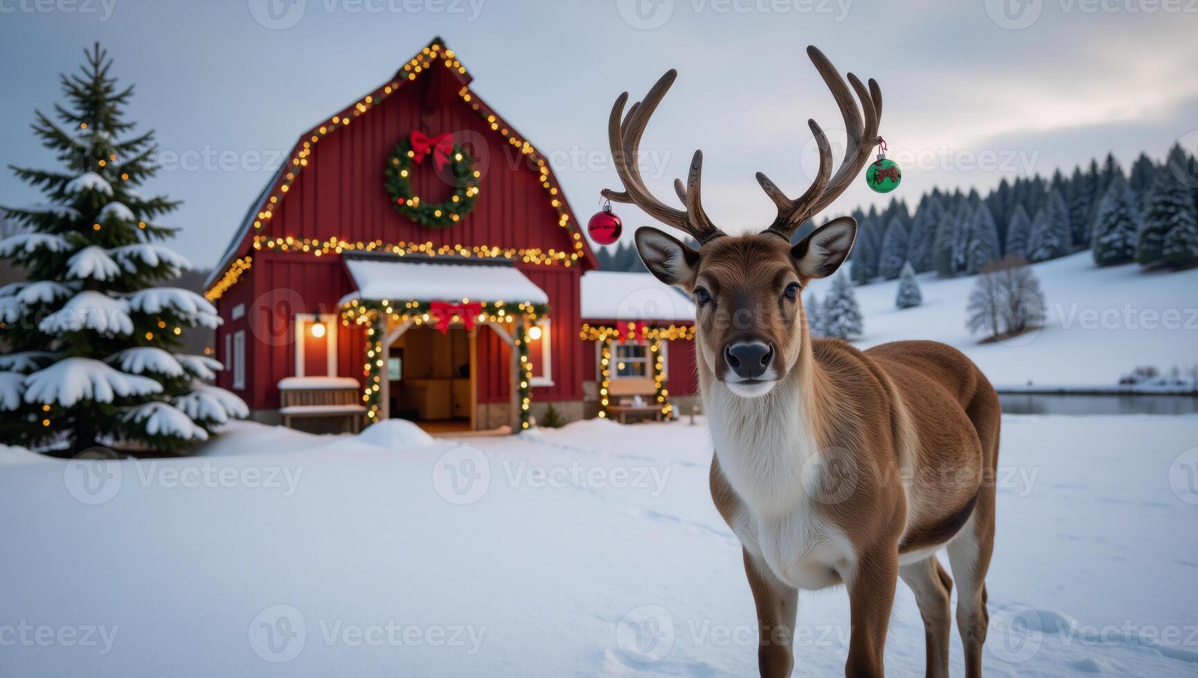 A festive farm scene showcases a decorated barn reindeer and snowy fields during Christmas photo