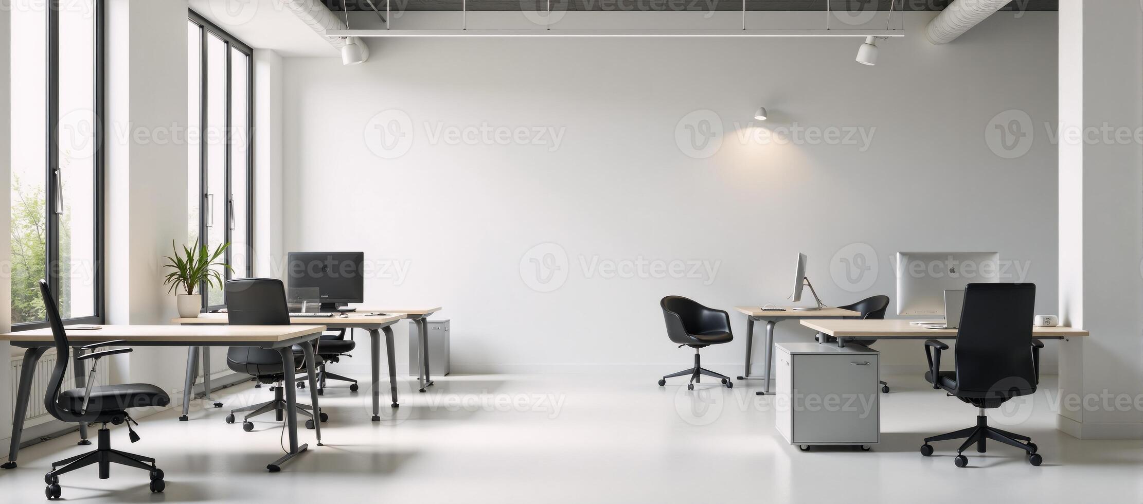 Modern office setting featuring an empty white wall for mockup purposes Rendering photo