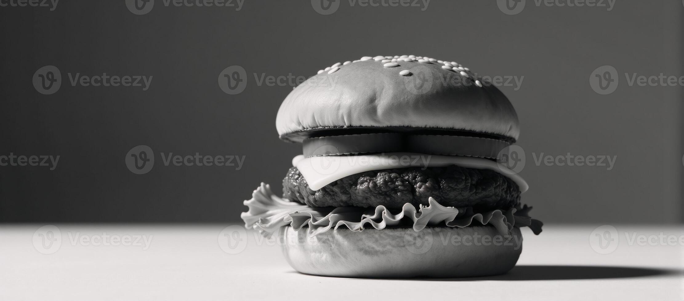 Minimalist blackandwhite art depicting a layered hamburger with sesame seed bun lettuce and cheese photo