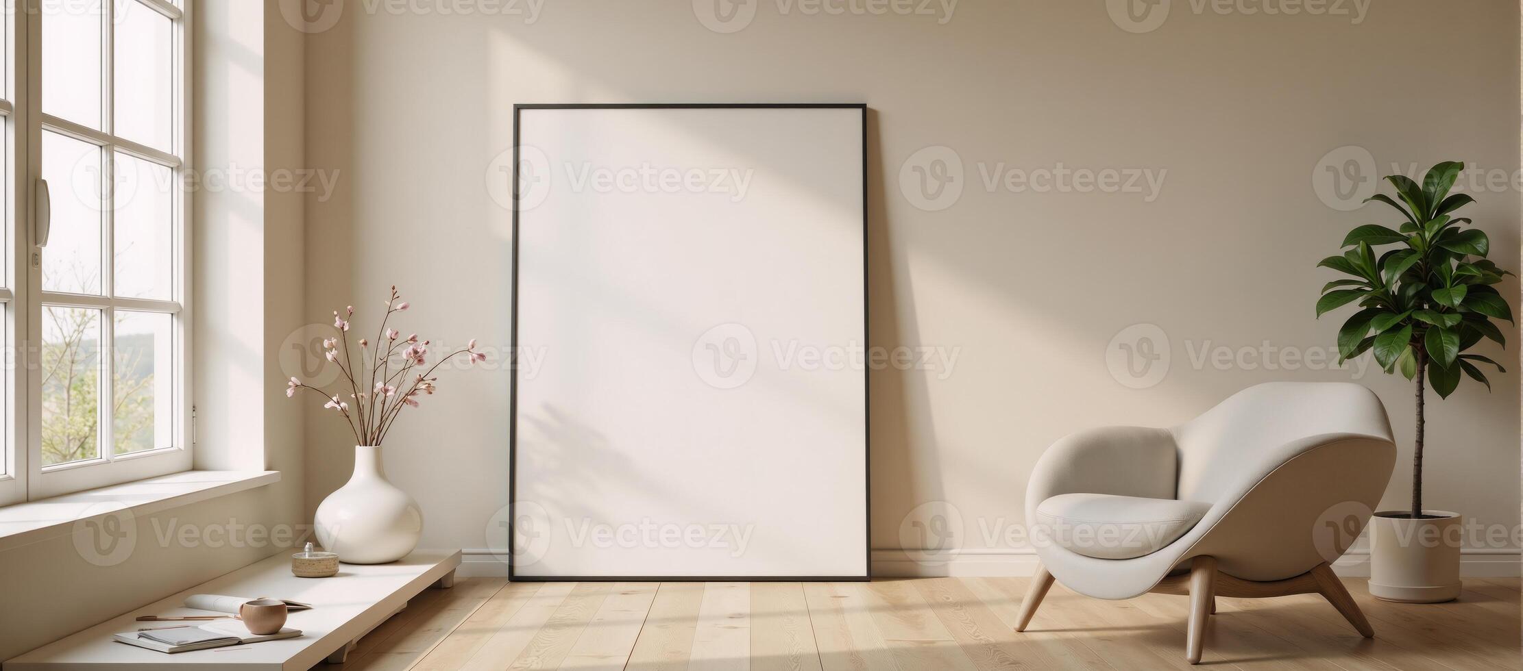 Contemporary mockup featuring a minimalist beige room with rendered design elements photo
