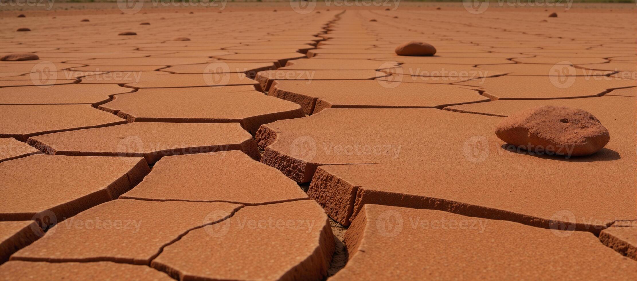 Craggy weathered landscape featuring cracked red soil and strewn rocks photo