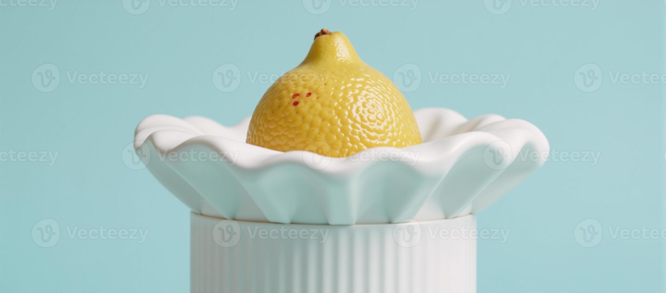 A lemon wearing a chef hat against a soft pastel blue backdrop photo