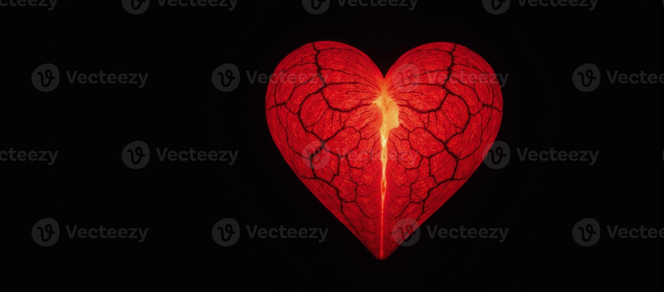 An abstract glowing red heart featuring visible cracks against a dark backdrop photo