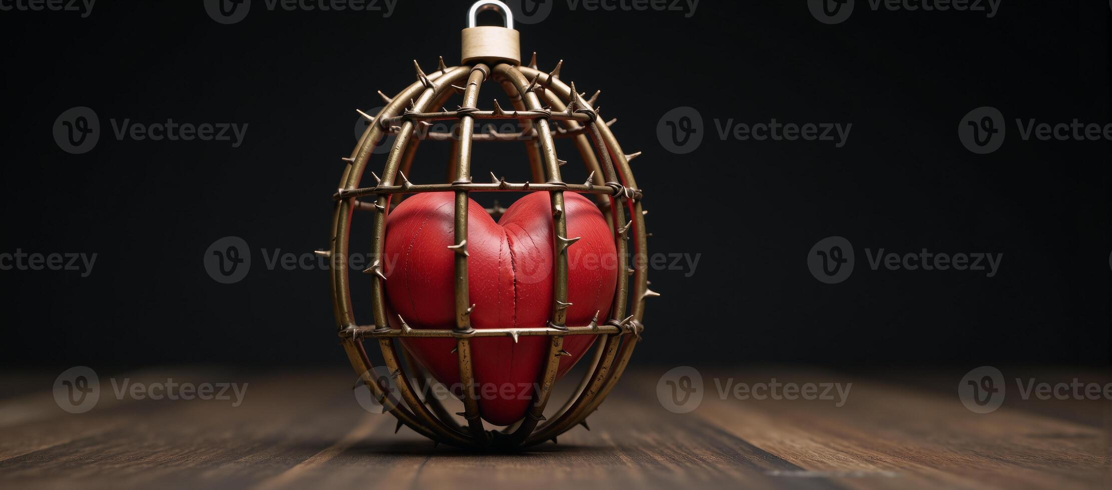 Hyperrealistic illustration showcases a red heart in a brass cage adorned by brown thorn vines and locked photo