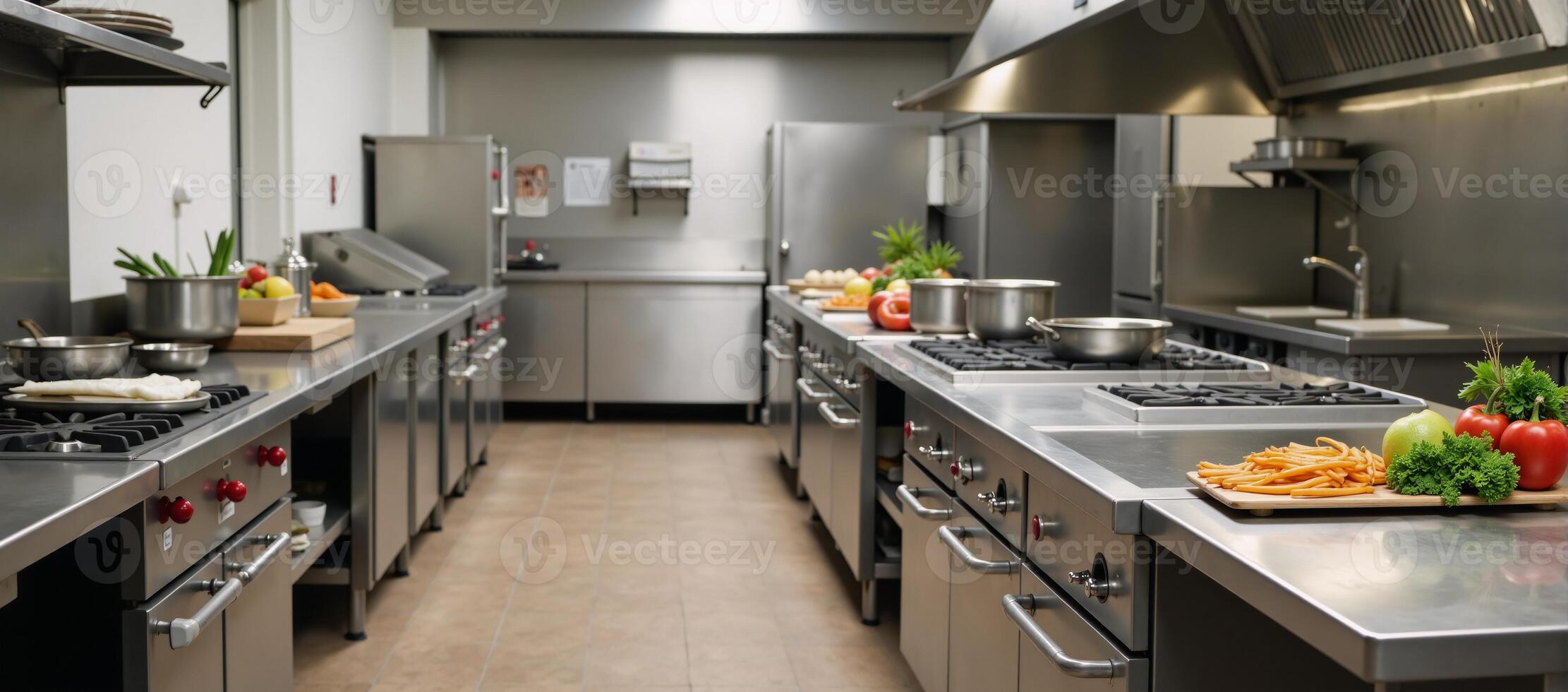A gleaming culinary workshop awaits with stainlesssteel kitchen setups utensils pots and ingredients for chefs and instructors photo