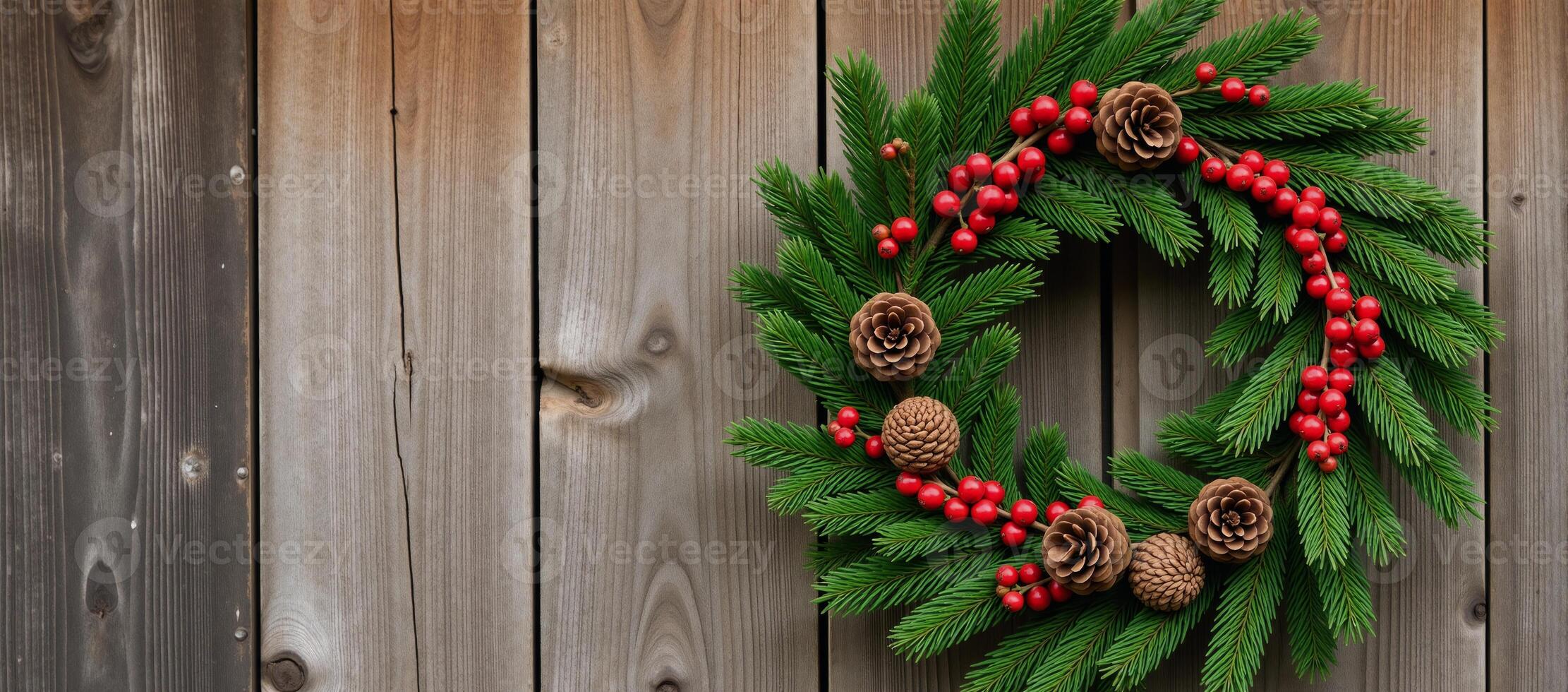 A Christmas wreath adorned with red berries and pinecones hangs on a rustic wooden barn door photo
