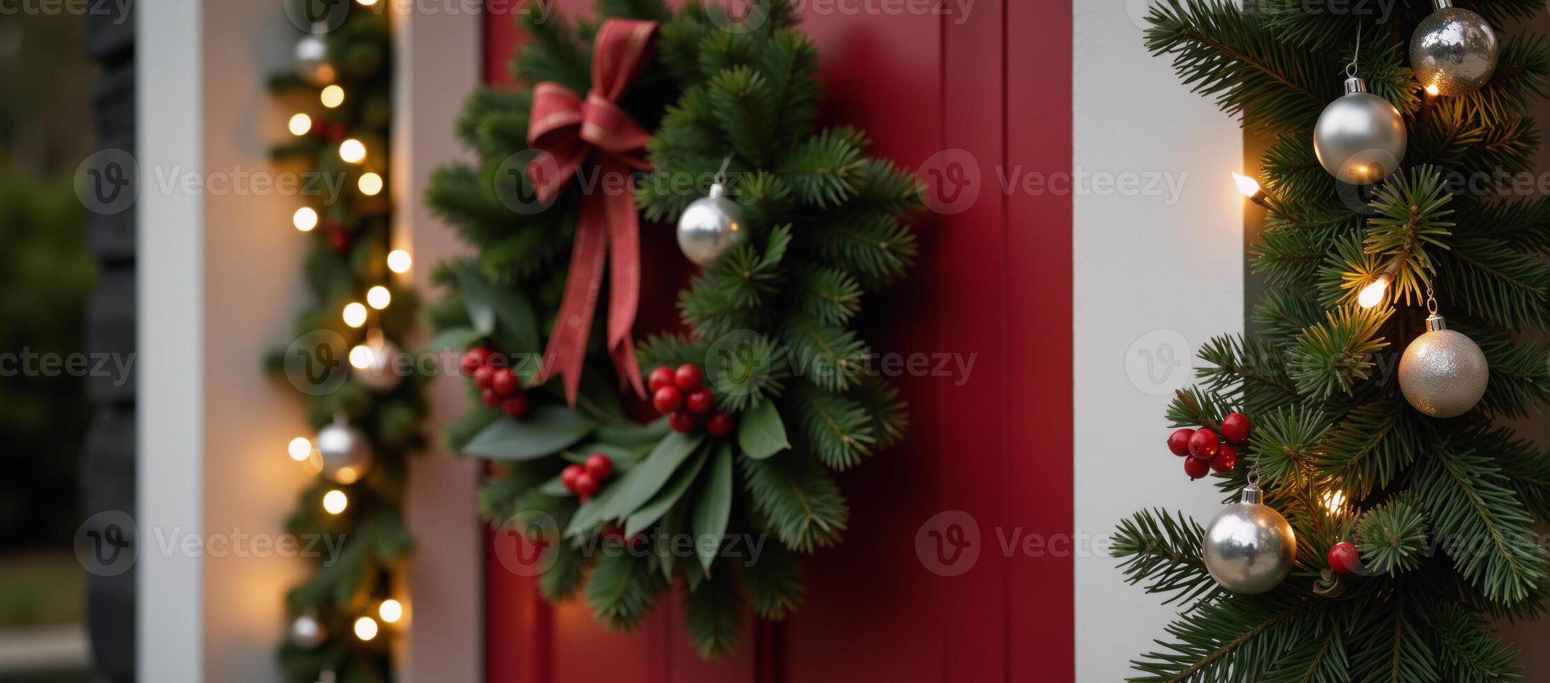 Christmas frontdoor garland adorned with festive lights photo