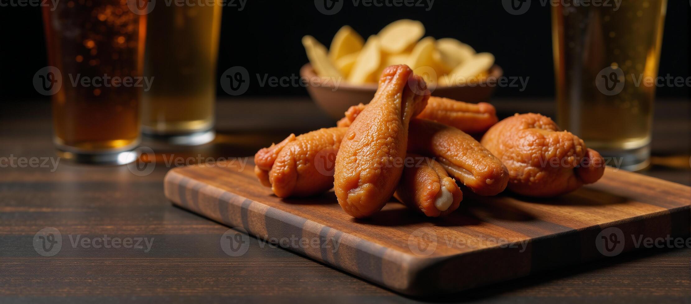 Fried chicken wings beer nachos served on a wooden board in shadowy silhouette photo