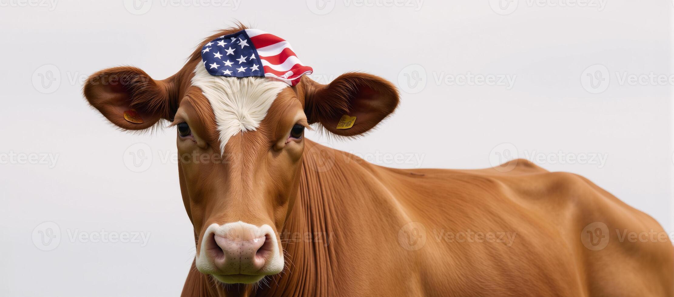 Patriotic cow sporting an American flag hat photo