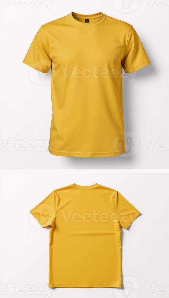 Mockup of blank mustard yellow tshirt front and back against white background for design purposes photo